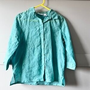 Alfred Dunner Women Turquoise Floral Embroidered Button Down Shirt Sz 12P Blouse